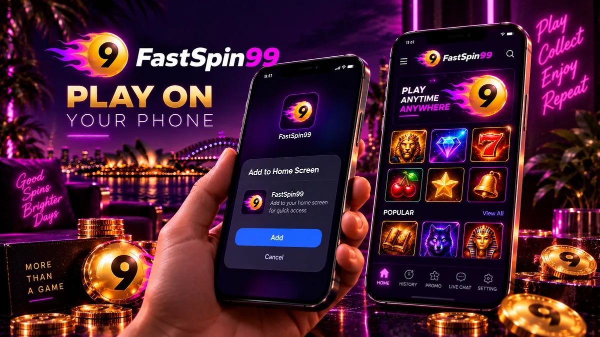 Phone with an Add to Home Screen prompt beside a FastSpin99 web app screen with its bottom menu