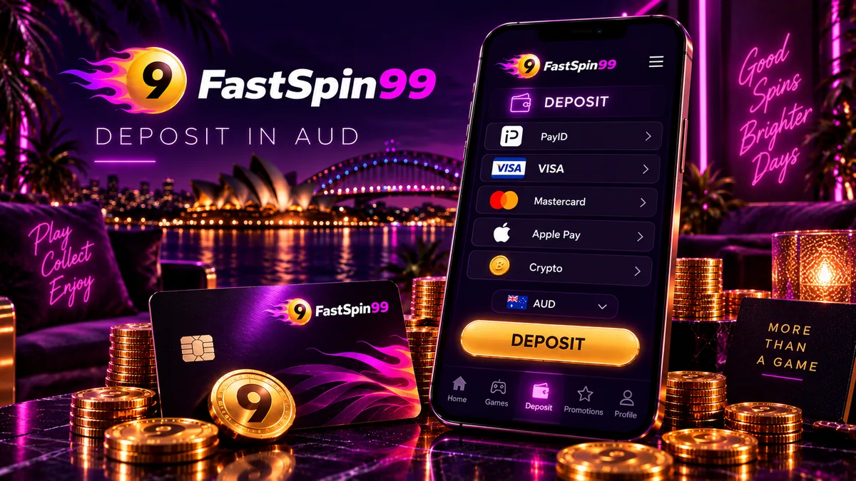 FastSpin99 cashier on a phone showing PayID and card deposit options