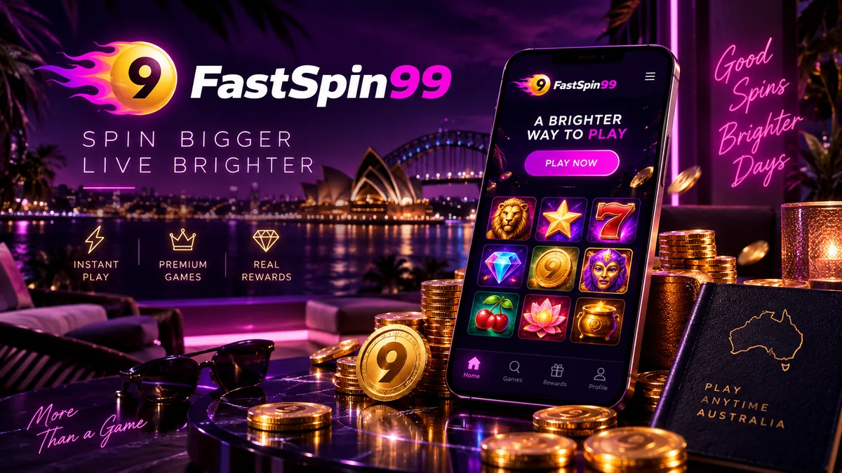 FastSpin99 phone lobby with gold coins and Sydney Harbour at night