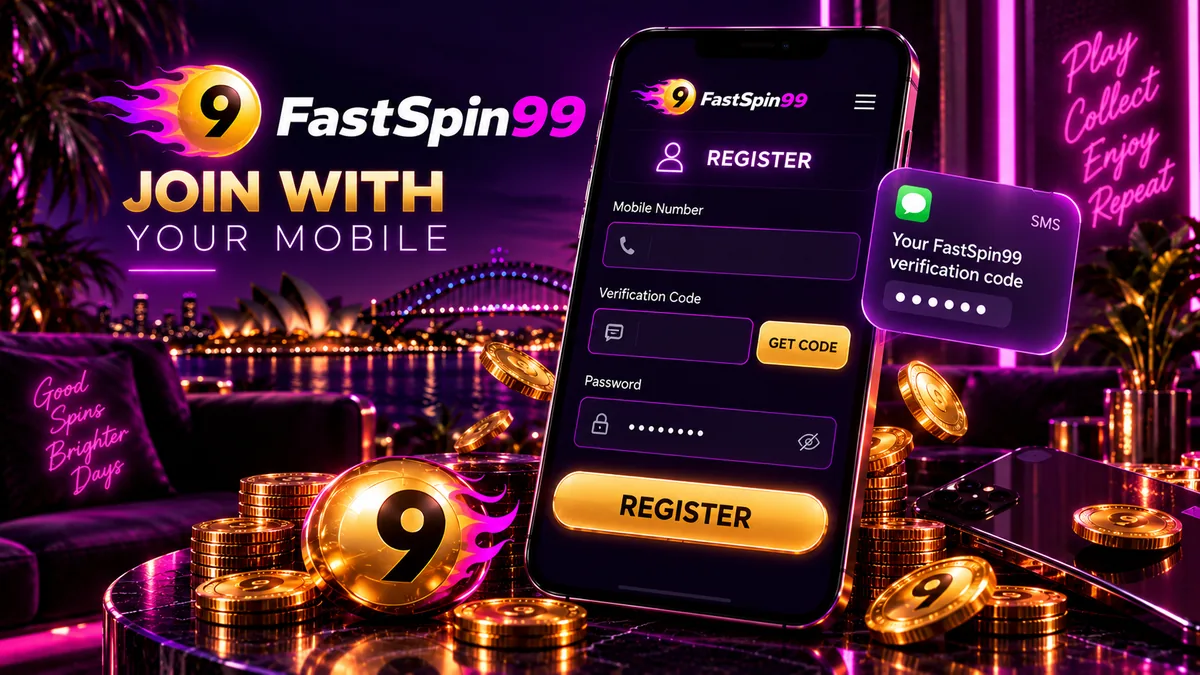 FastSpin99 registration screen on a phone with mobile number and SMS code fields