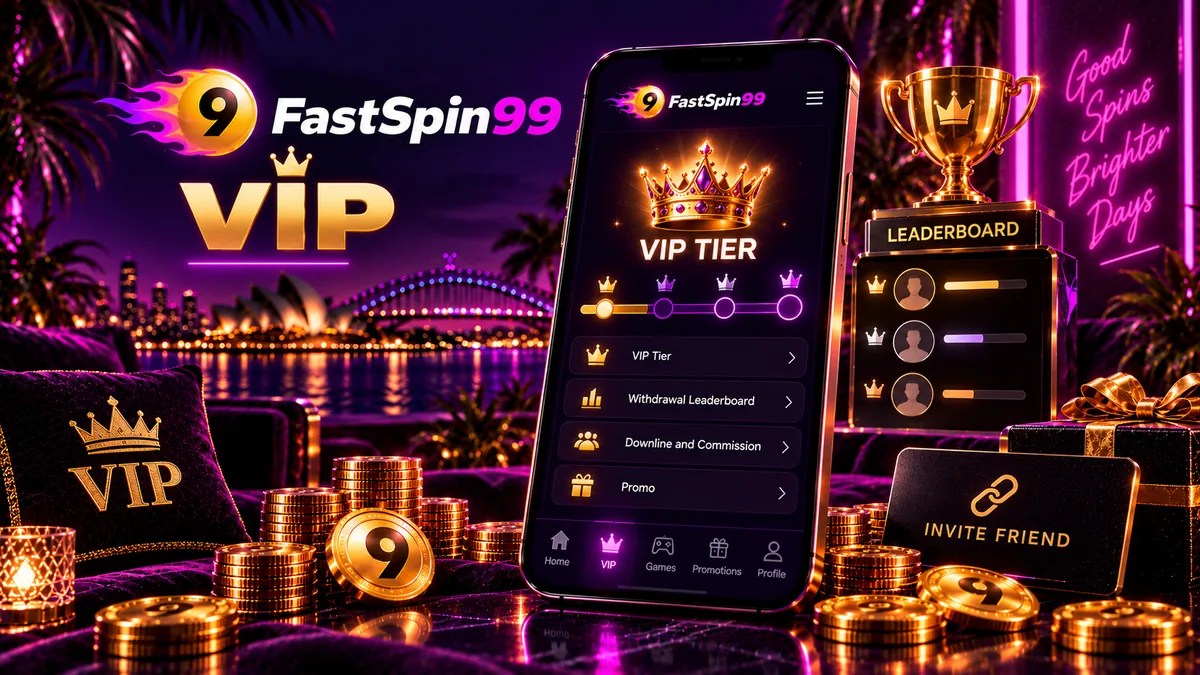 FastSpin99 VIP tier trophy beside a withdrawal leaderboard on a phone screen